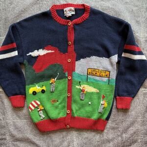 Mens Vintage 70s Cotton Salsa Handknit All Over Print Golf Cardigan Sweater Sz L
